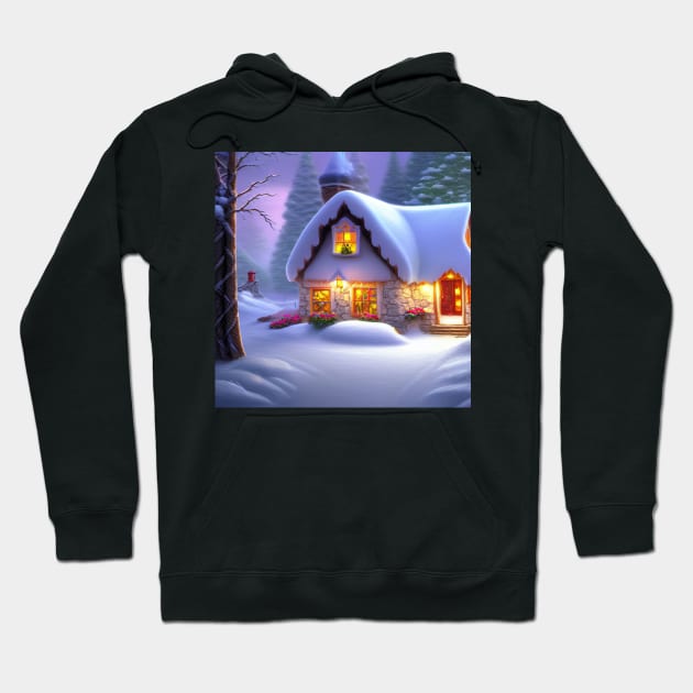 Magical Fantasy Cottage with Lights In A Snowy Scene, Scenery Nature Hoodie by Promen Art